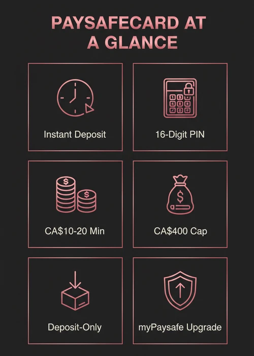 A Paysafecard voucher next to a mobile phone displaying a casino interface, symbolizing secure online casino deposits in Canada.